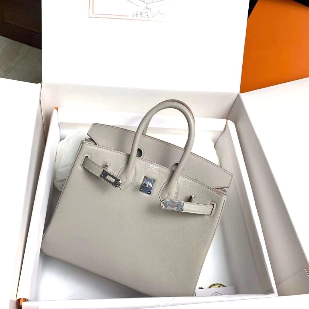 Hermes Birkin 25CM Swift Leather Handbag Light Grey 